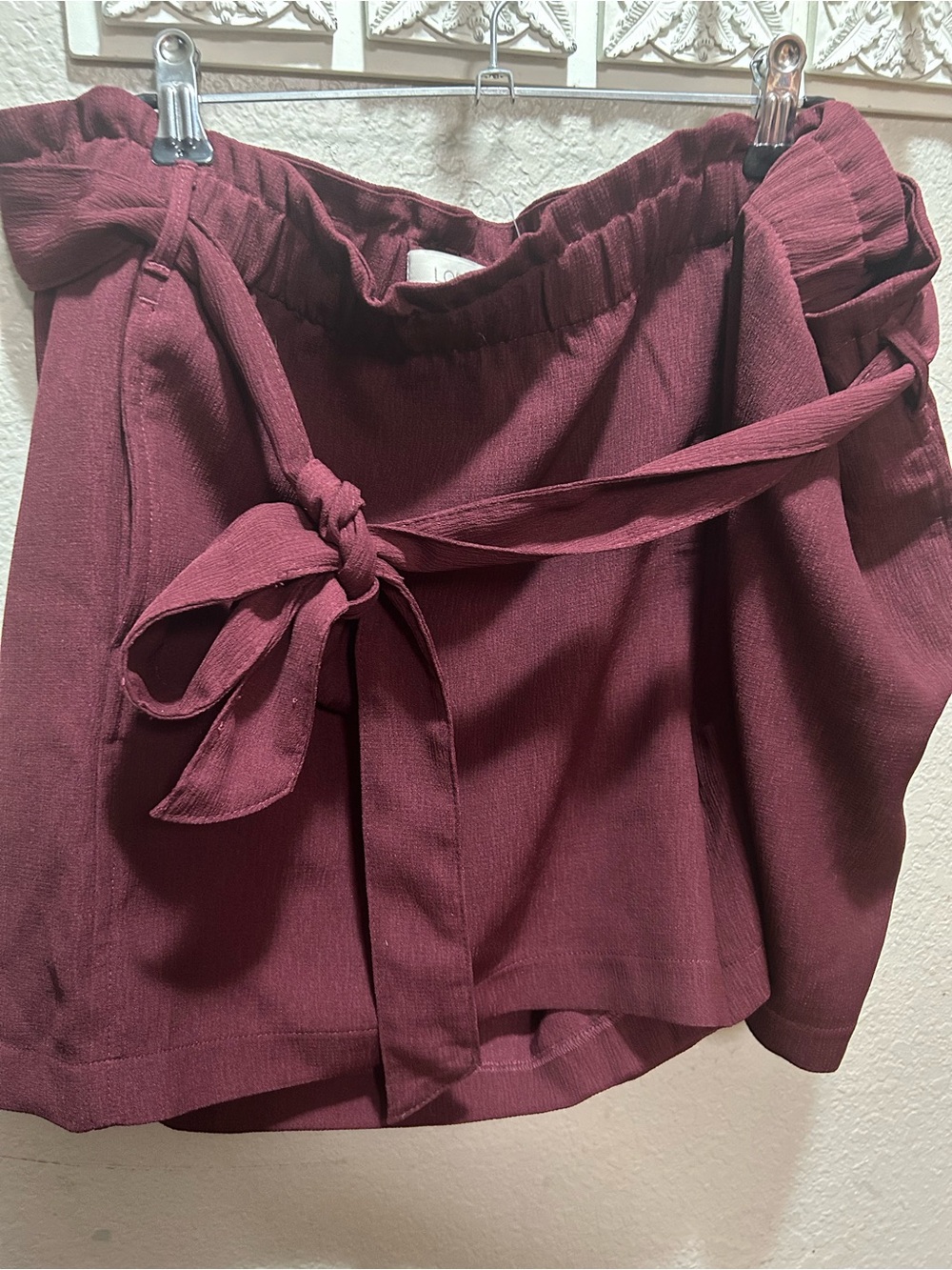LOFT Maroon High-Waist Paperbag Shorts with Tie